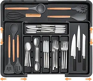 Silverware Organizer Expandable Kitchen Utensil Drawer Organizer Large BPA Free Adjustable Cutlery Silverware Tray for Spoons Forks Knives Storage Divider for Kitchen Flatware 6-9 Slots Black