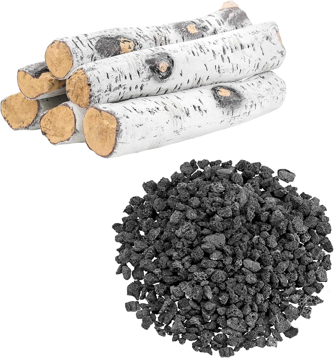 Skyflame 3/8" - 3/4" Natural Stones Lava Rock and Large White Birch Ceramic Logs for Gas Fire Pit | Fireplace