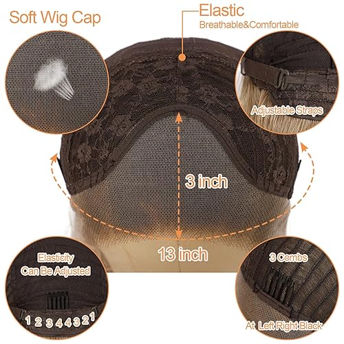 Miniatura 6 de SAPPHIREWIGS Peluca de encaje frontal marrón sintético para mujer, color marrón natural con puntas rubias cenizas, cabello ondulado resistente al