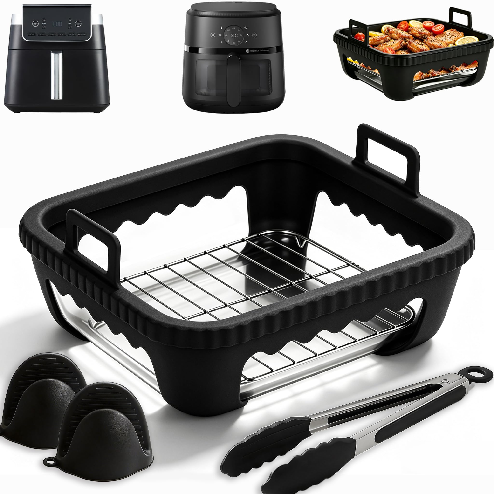 6-Pcs Square Glass Air Fryer Liners Set,Air Fryer Basket Accessories for Philips NA230/Ninja AF180/Tefal/Cosori Replace Silicone and Paper Tray,Compatible with Air Fryer (6-7L) Protective Coating