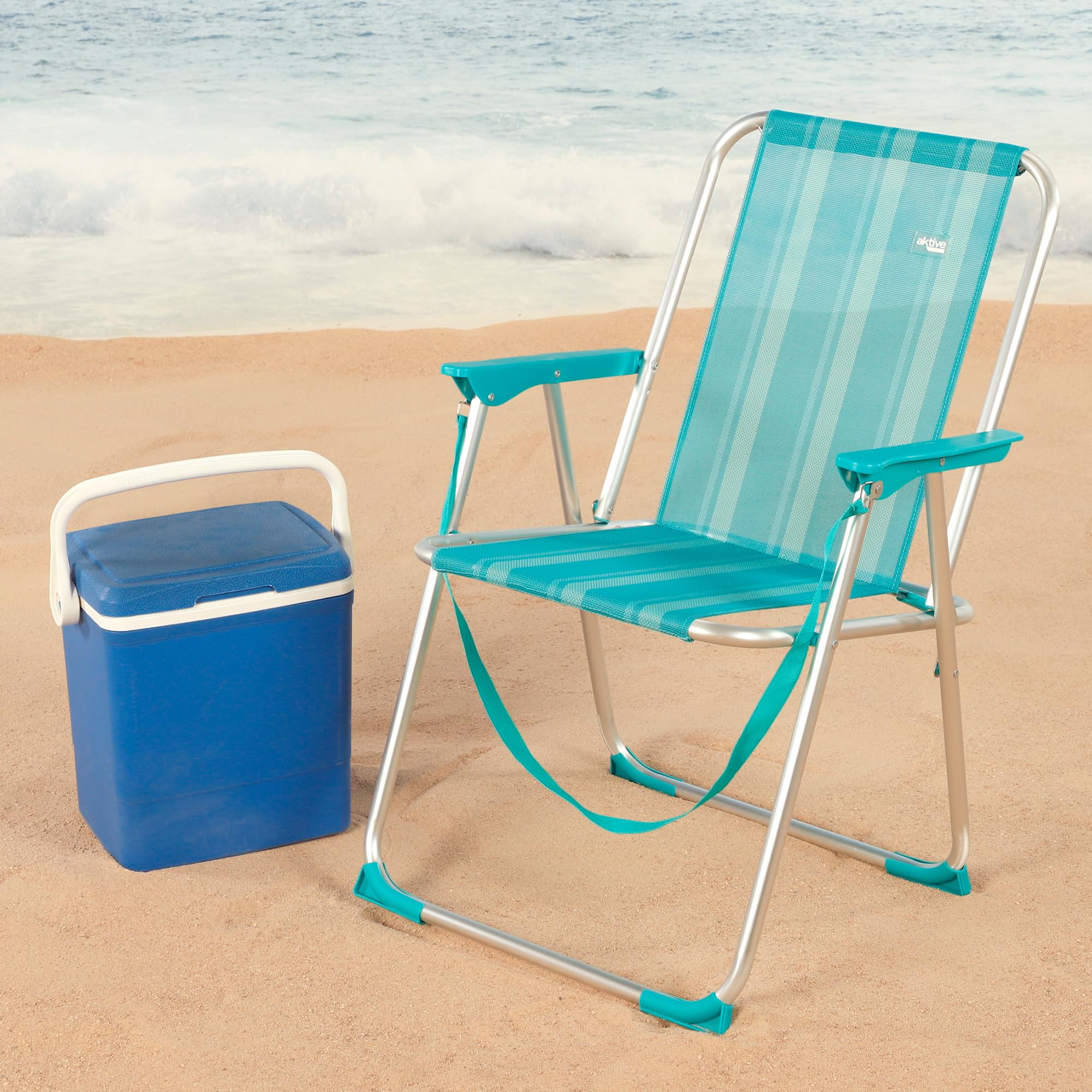 Chaise Pliable De Plage Aktive - Chaise Haute Fixe Aluminium 48 X 50 X 88 Cm Bleu Blanc 100kg