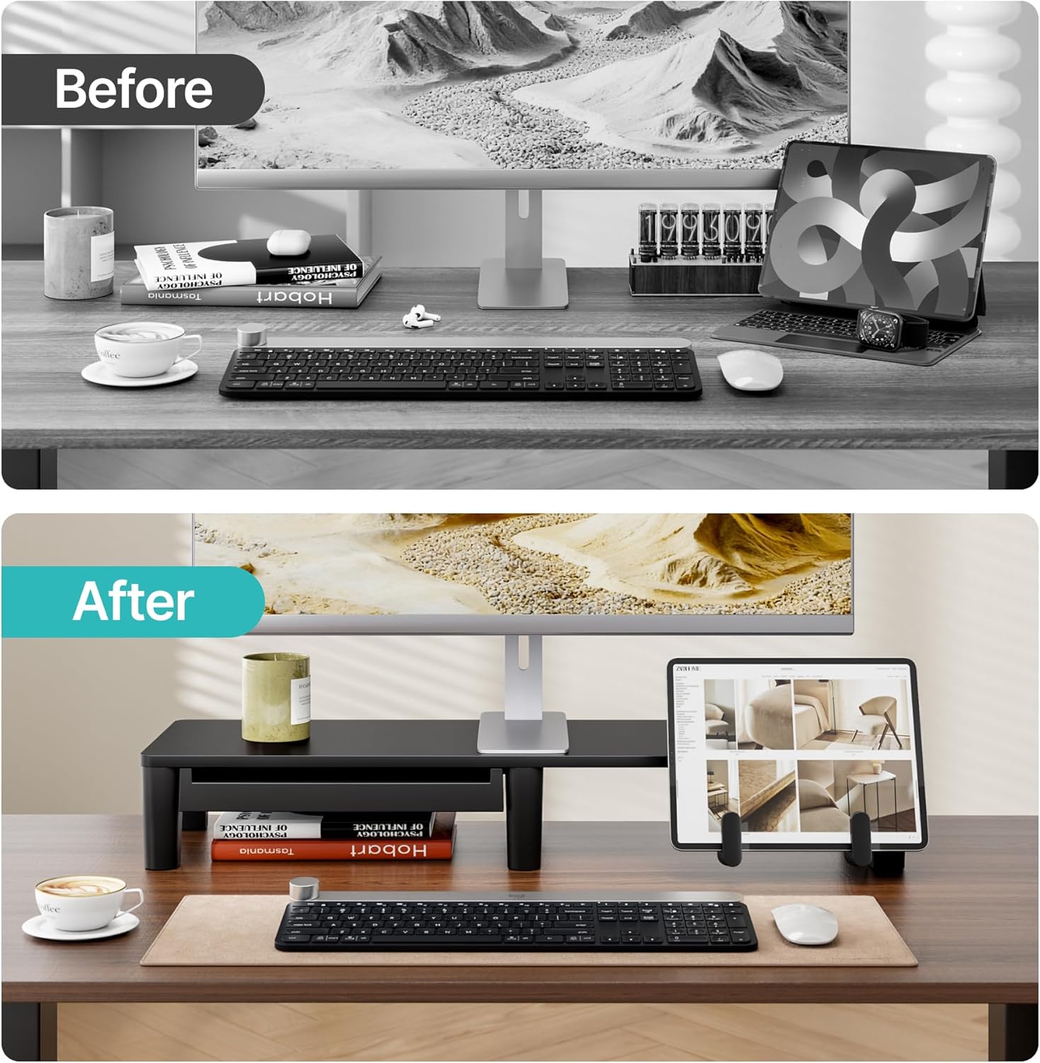 Monitor Stand Riser for Desk, Ergonomic Computer Riser with Storage Drawer, Desktop Shelf Organizer for PC, Laptop, Desk Computer Riser For Home Office