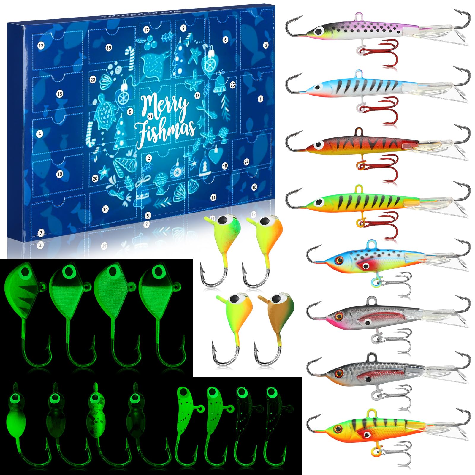 Hollowfly 24 Ice Fishing Advent Calendar 2024 Christmas Countdown 24 Days Ice Fishing Lures Countdown Calendar Set for Ice Fisher Adult Men Father Ice Fishing Blind Box Surprise Gift (Bright Style)