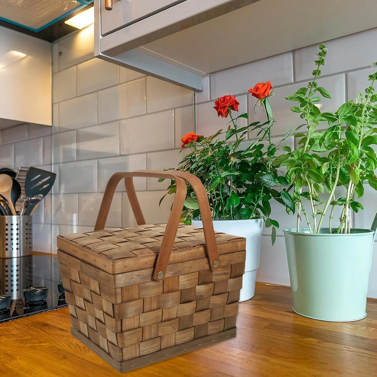 Angoily Woven Wood Chip Picnic Basket with Lid Double Handles Dark Multi-Purpose Storage Basket for Outdoor Picnic and Home Organization
