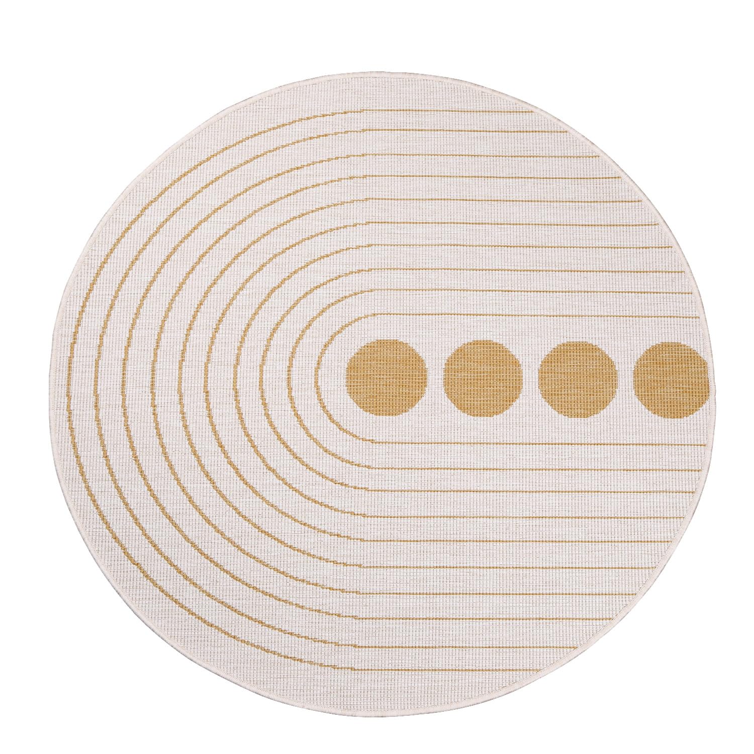 Payé Tapis réversible Jaune ocre crème 160 x 160 cm Motif cercle Rond Résistant aux intempéries pour balcon, terrasse, intérieur salon cuisine