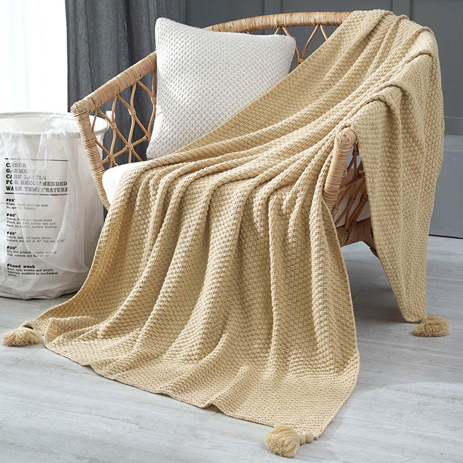 Coperta in maglia a nido d'ape, sciarpa da letto in acrilico, da viaggio, morbida maglia per tutto l'anno, 130 x 230 cm, con nappe decorative con pompon, 8 tonalità di terra solida per