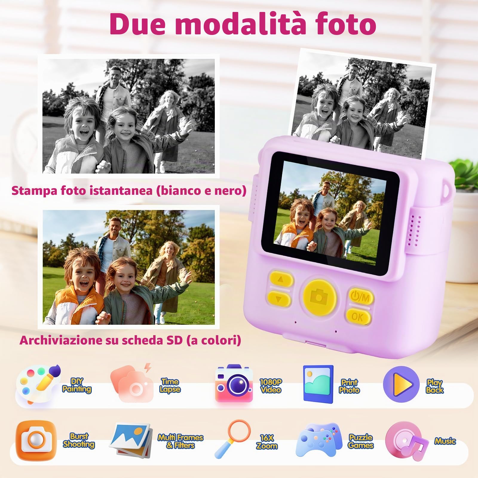 CHRERNA Macchina Fotografica Bambini Istantanea,2,4 Pollici Fotocamera Istantanea Bambini con 32GB Scheda, 1080P HD Fotocamera Digitale Bambina, Regalo per Ragazze Ragazzi da 3-12 Anni