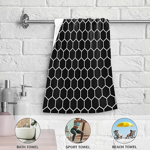 Miniatura 5 de Dallonan Juego de 2 toallas faciales de poliéster suave y absorbente para baño, diseño de panal de abeja, hexagonal, negro y blanco, para
