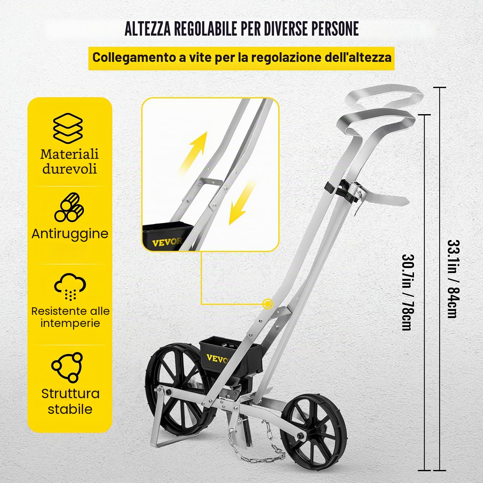 VEVOR Seminatrice a Mano in Alluminio + ABS, 6 Piastre per sementi monofila, 78-84 cm, Regolabile in Altezza, 6 cm, Ruota Anteriore 5 cm, Ruota Posteriore Ideale per Semi Come Mais, porri, Spinaci,