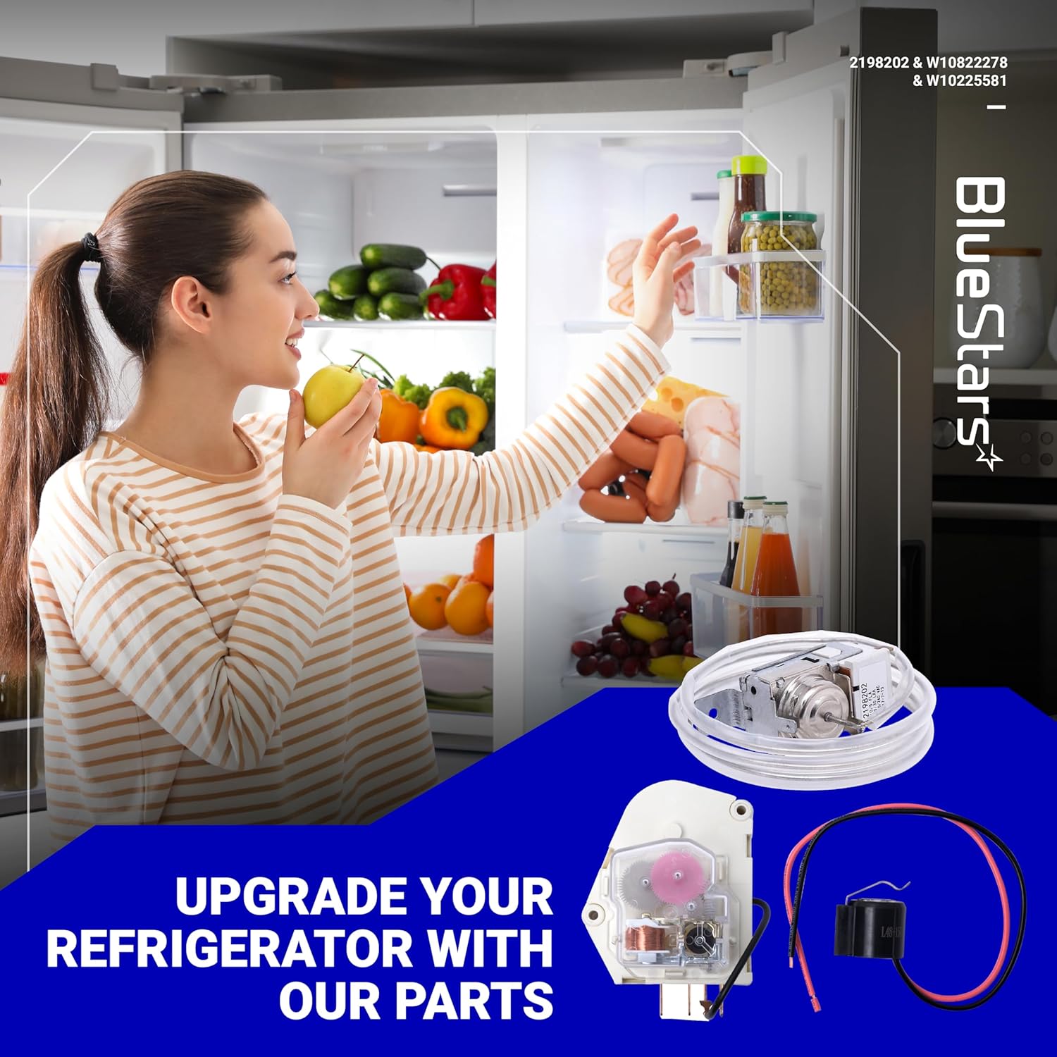 BlueStars Upgraded 2198202 Cold Control Thermostat W10822278 Defrost Timer W10225581 Bimetal Thermostat Refrigerator Defrost Complete Kit Replacement – Compatible with Whirlpool Kenmore Refrigerators