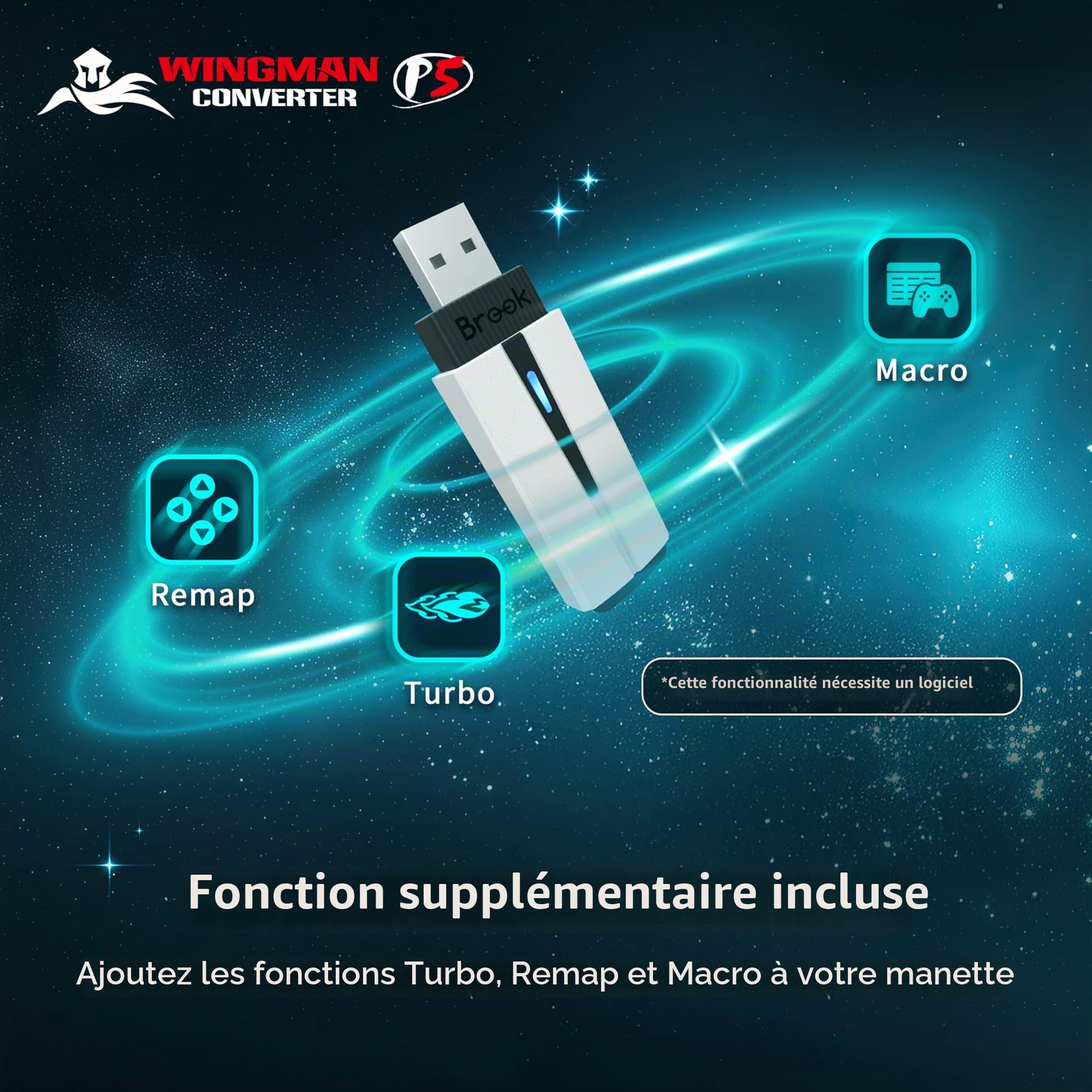 Brook Wingman P5 - Convertisseur de contrôleur PC P5 P4 avec support sans fil et filaire, vibration, mouvement six axes, turbo, macro, remap via le logiciel Converter Center (version exclusive)
