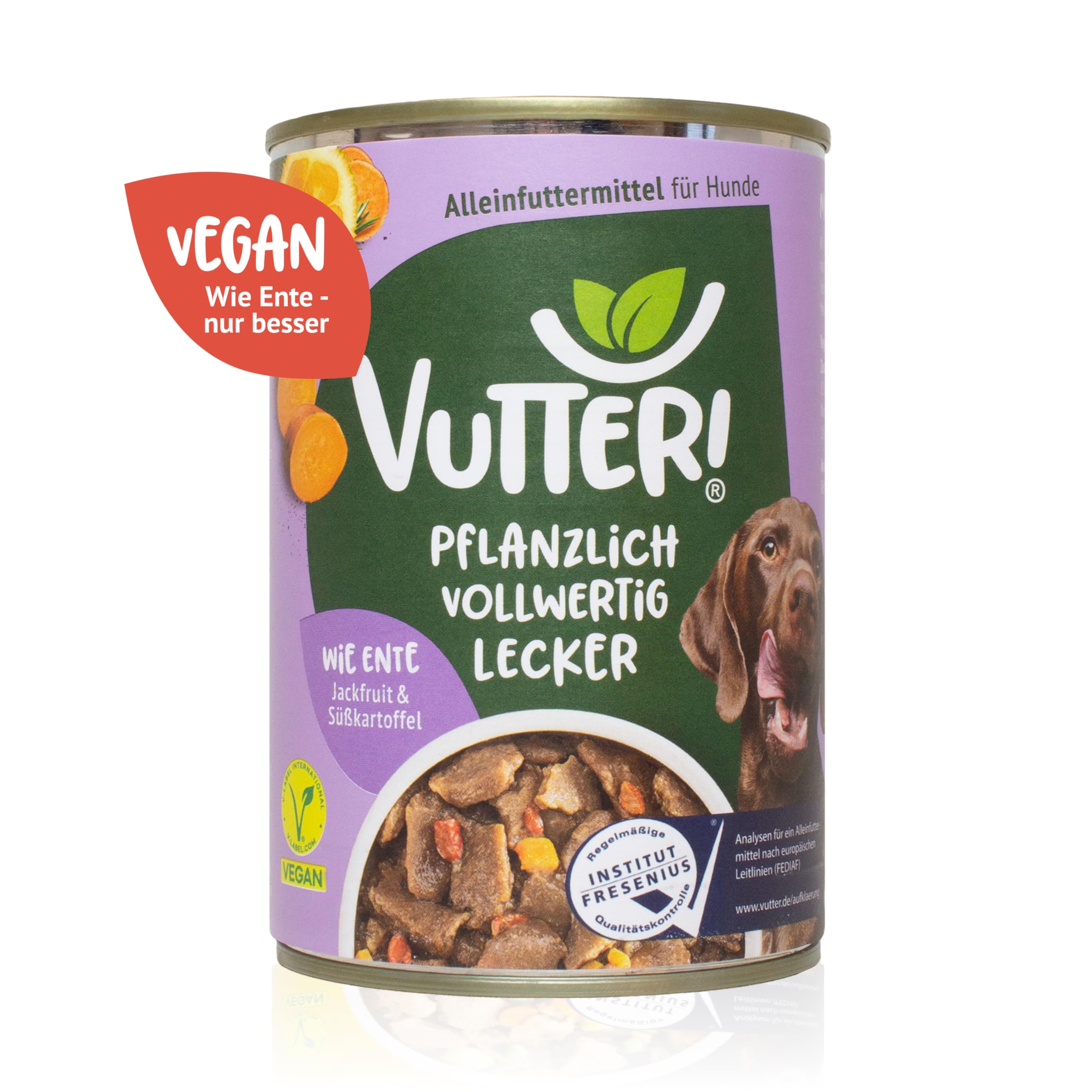 VUTTER Nassfutter Wie Ente, 24x400 g: Hundefutter Vegan - Alleinfutter für Hunde - Fleischähnlich für hohe Akzeptanz - Sojaprotein für Muskeln, Zink für Haut & Fell, Kalzium für Zähne & Knochen