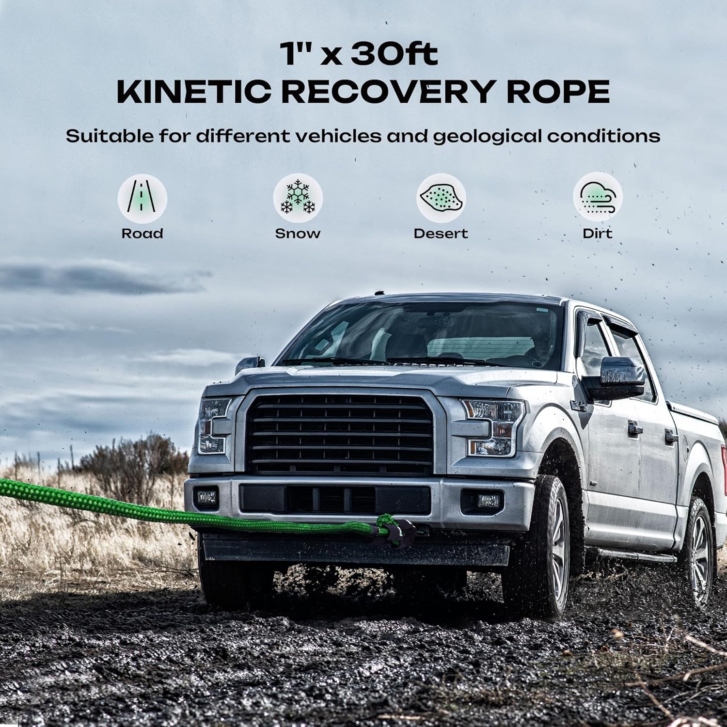 Kinetic Recovery Rope 1in x 30ft, Kinetic Rope Recovery Kit 48,600lbs Break Strength, with 2 Soft Shackles, 35% Elasticity, Heavy Duty Tow Ropes for Trucks SUV UTV ATV Tractor Car, Green