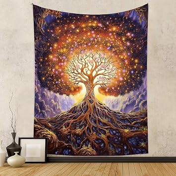 Tapzen Tree of Life Tapestry - Spiritual Star Galaxy Vertical Wall Hanging Boho Botanical Orange Purple Wall Art Aesthetic for Bedroom Living Room Dorm 60 x 50 inches