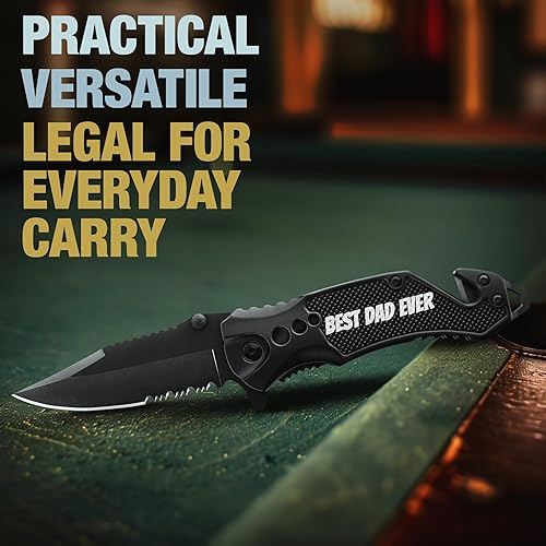 Vista 60 de Navaja de bolsillo legal con hoja dentada de 2.95 pulgadas, rompedor de vidrio, cortador de cinturón de seguridad, cuchillos plegables afilados EDC