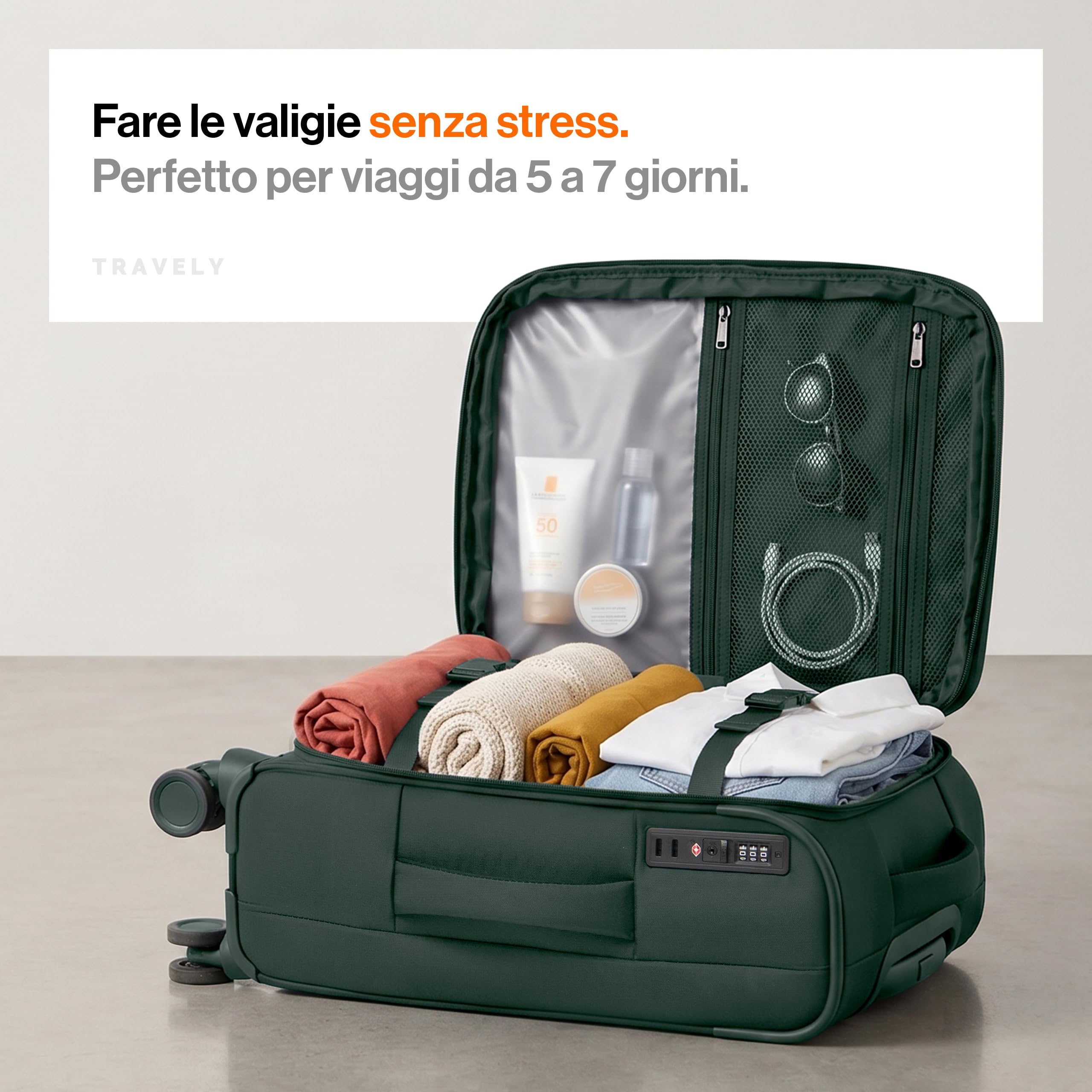 Travely Valigia M in tessuto - Valigia cabina con scomparto per laptop fino a 15,6", 4 ruote e lucchetto TSA - valigia morbida leggera espandibile, idrorepellente