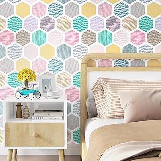 WESTICK Colorful Peel and Stick Wallpaper Hexagon Geometric Wallpaper Boho Contact Paper Self Adhesive Geometric Wallpapers for Kids Bedroom Girls Dresser Nursery Room Classroom Cabinets 17.5