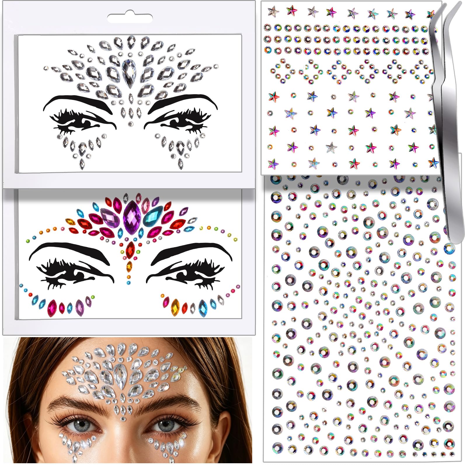 Teenitor Rhinestone Gems Face Gems Festival Face Jewels Makeup Face Rhinestones, Hair Gems, Eye Gems, Body Gems, Face, Eye, Body, Hair Stick On Gems Set D
