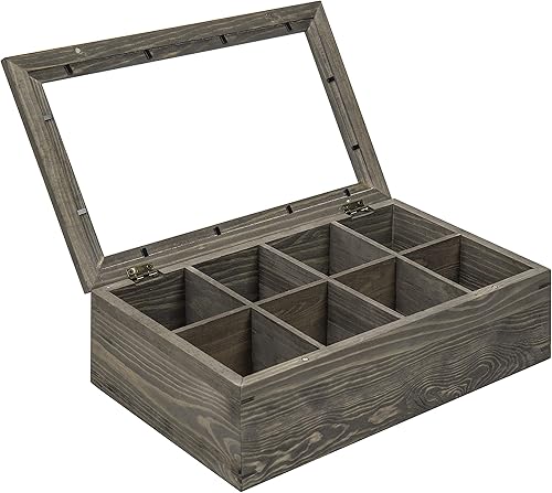 Miniatura 6 de MyGift Cofre de almacenamiento de té, caja de almacenamiento vintage de madera gris con 8 compartimentos y tapa transparente