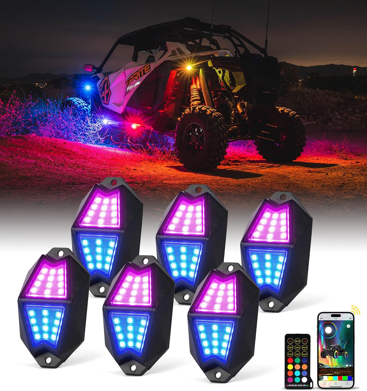 Xprite Rock Lights, 6 Pods Aluminum LED Rock Lights, 220° Wide Angle RGB Rock Lights with APP/RF Remote Control Chasing Effect, Music Sync and Turn Brake Signals, Rock Light for Trucks/Jeeps/UTV/ATV