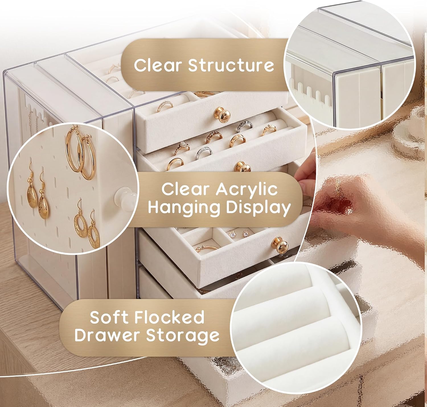 Jewelry Organizer with Clear Acrylic Display and Drawers, Dust-Protected Jewelry Storage Box for Necklaces, Earrings, Rings & Bracelets, Elegant Tabletop Organizer for Vanity, Bedroom or Desk, Ivory
