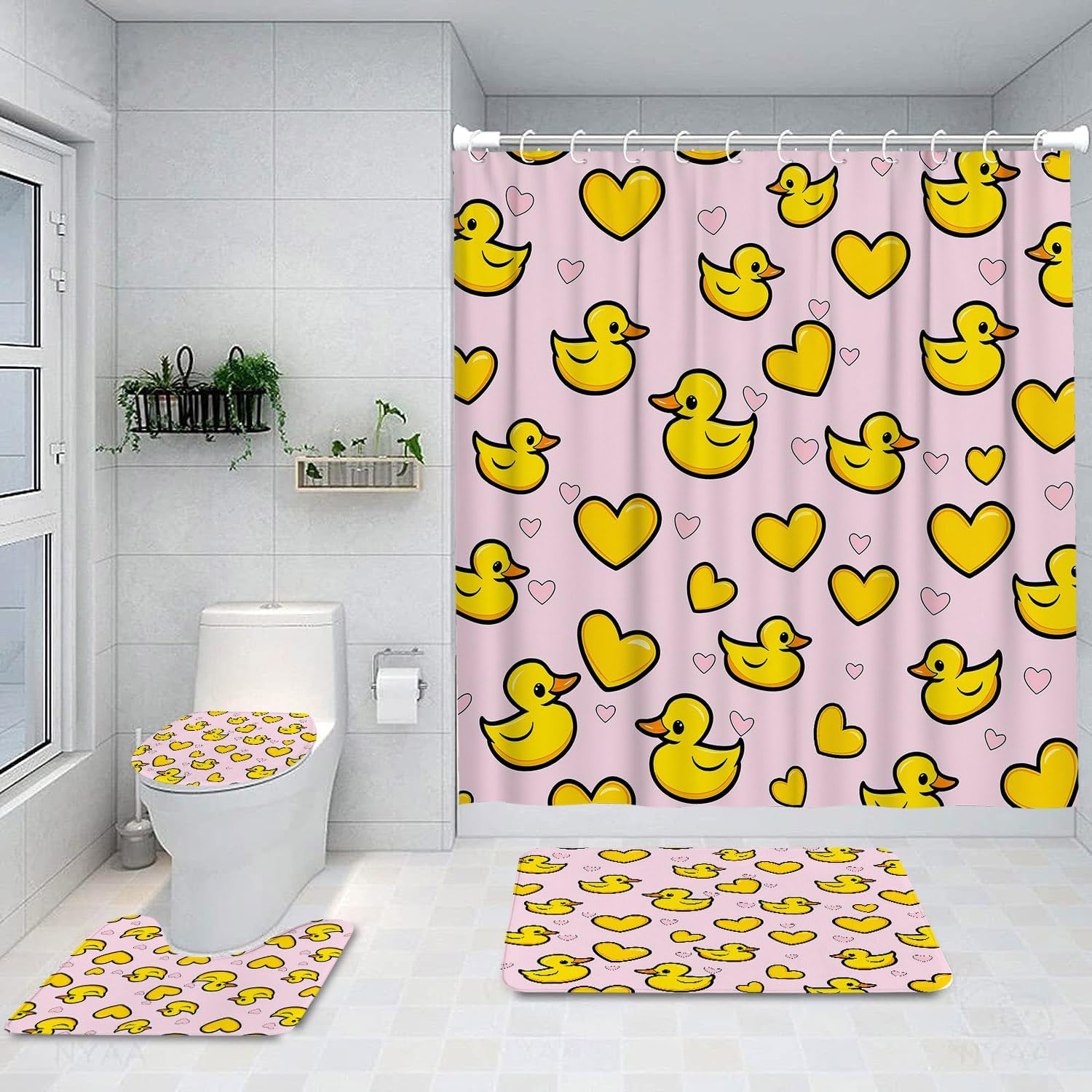 4Pcs Shower Curtain Sets, Pink Cute Strawberry and Flowers Bathroom Decor Set with Rugs and Accessories, Bathroom Decor Sets, 72 x 72 Inches