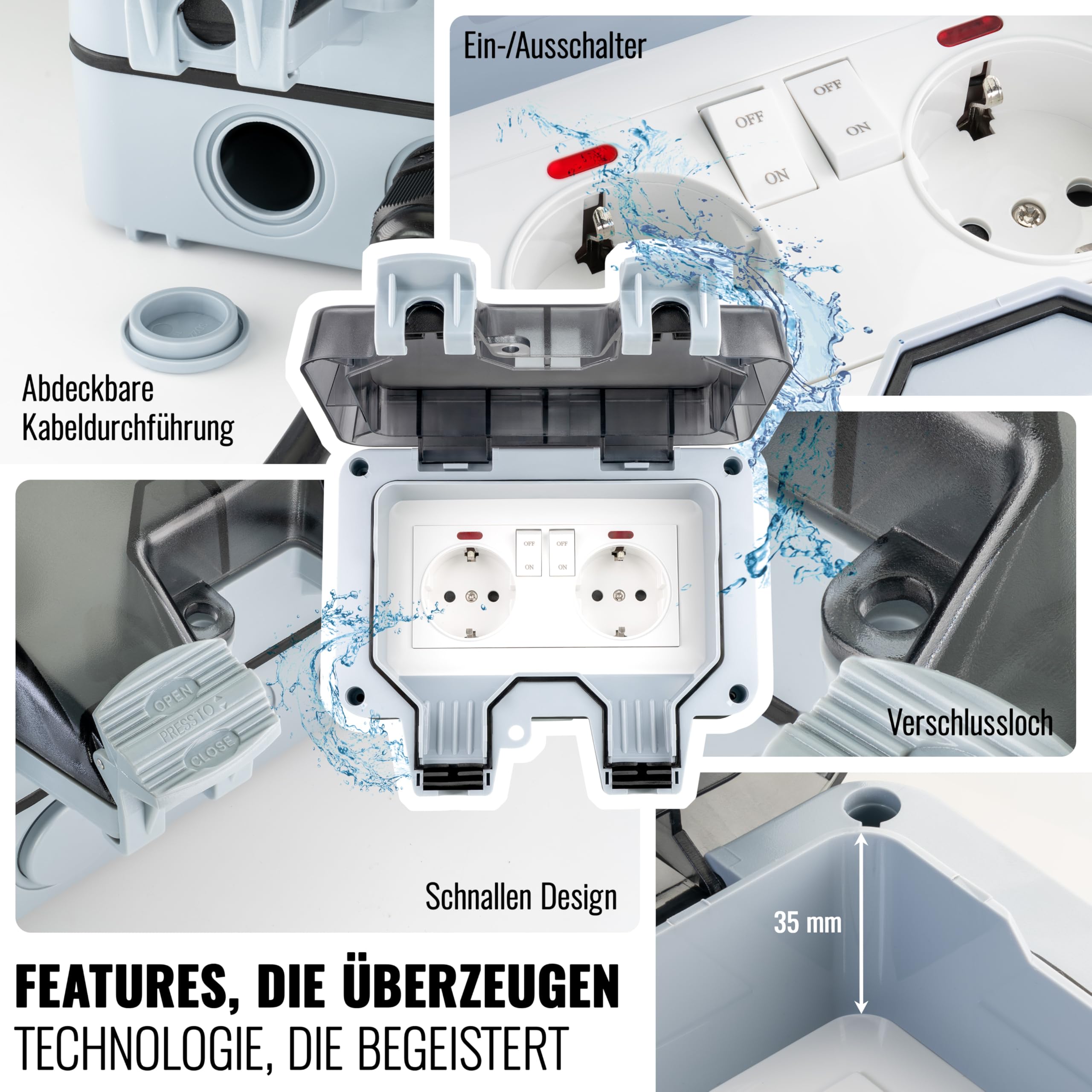 Poppstar wasserdichte, schaltbare Außensteckdose IP66 (2-fach Aufputz mit Klappdeckel, Aufputzsteckdose abschließbar), hellgrau