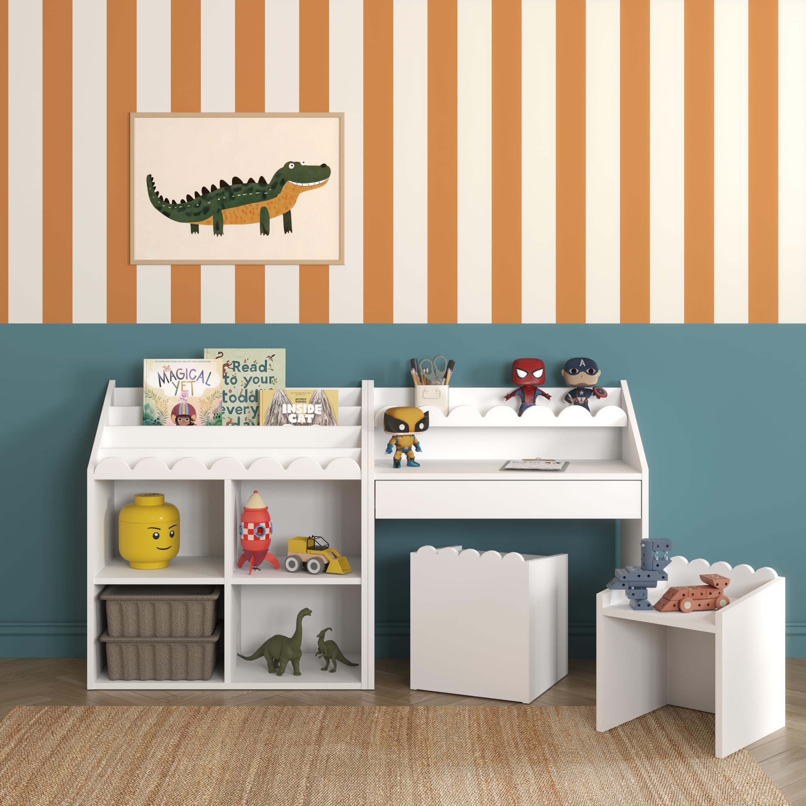 Bellamy Book Nook – Regał na Zabawki i Książki Montessori, Biblioteczka Dziecięca z Przegródkami, Organizer do Pokoju Dziecka, Regał Wolnostojący, Kolor Biały/Snow