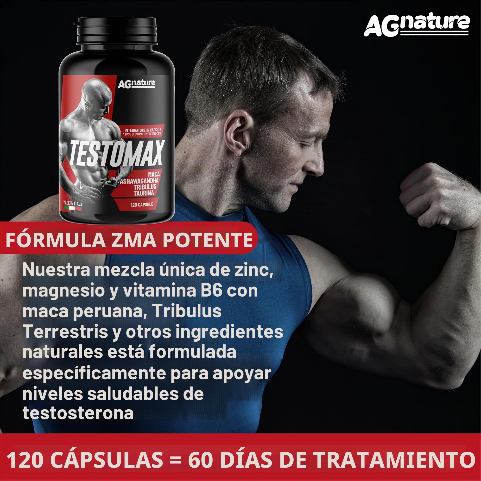 AG nature Testosterona Hombre Aumento Masa Muscular x Gimnasio 120 Cápsulas | Suplemento Fuerte Energizante con Maca Peruana, Magnesio, Zinc y Vitamina B6