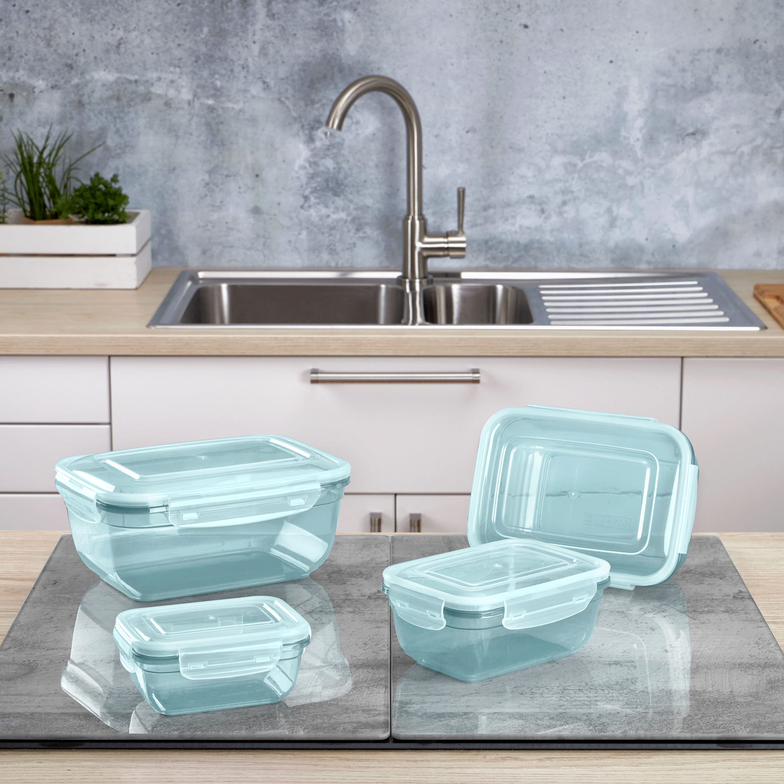 Grizzly Set of 4 (0.4L, 0.8L, 1.4L, 2.3L), Plastic, Rectangular Storage Containers, 100% Airtight, Microwave, Mint - Image 2