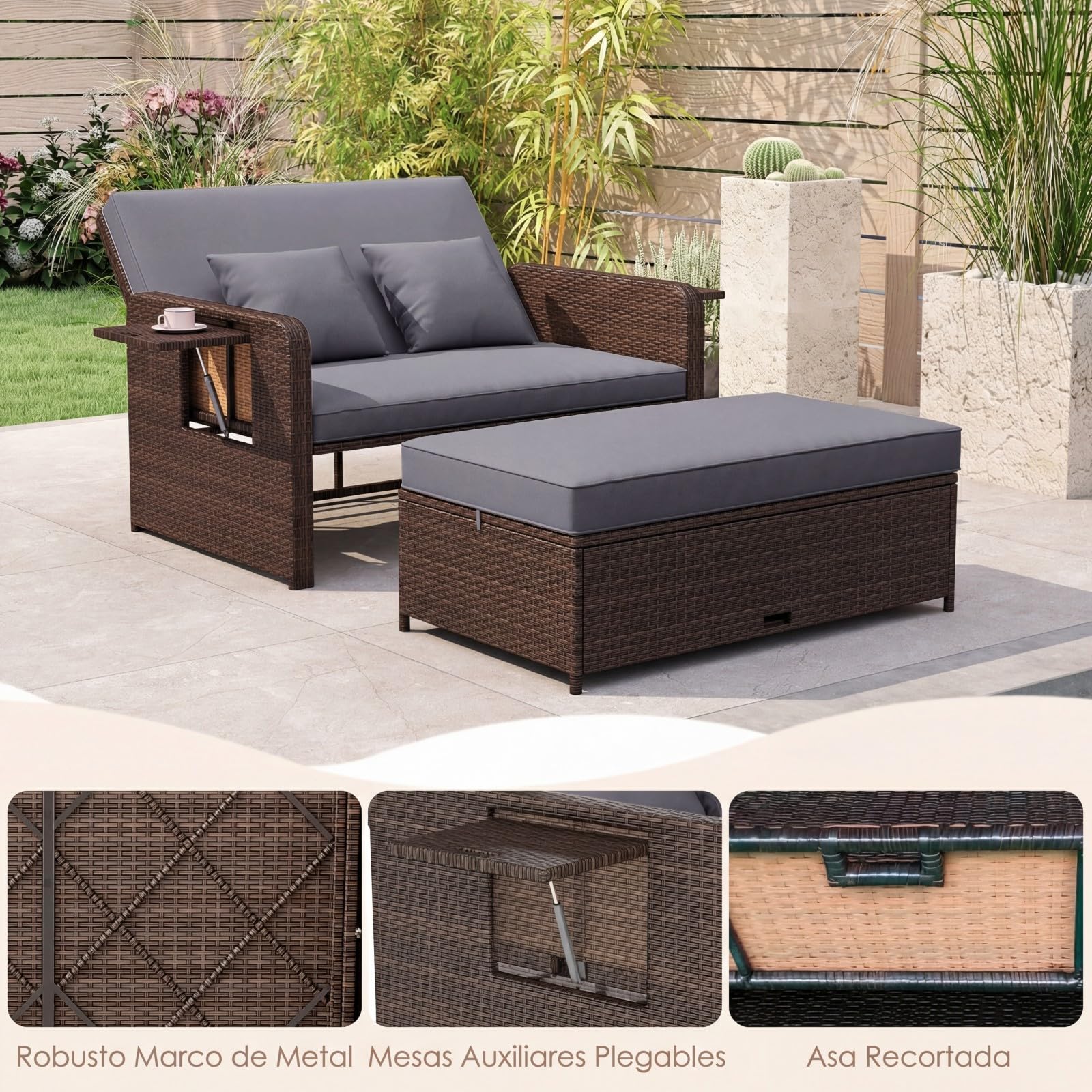 COSTWAY 4 en 1 Tumbona de Ratán para Patio, Sofa Exterior de Ratán con Respaldo Ajustable y Mesas Auxiliares Plegables, Conjunto de Sofá de 2 Piezas y Otomana con Almacenamiento (Marrón+Gris)