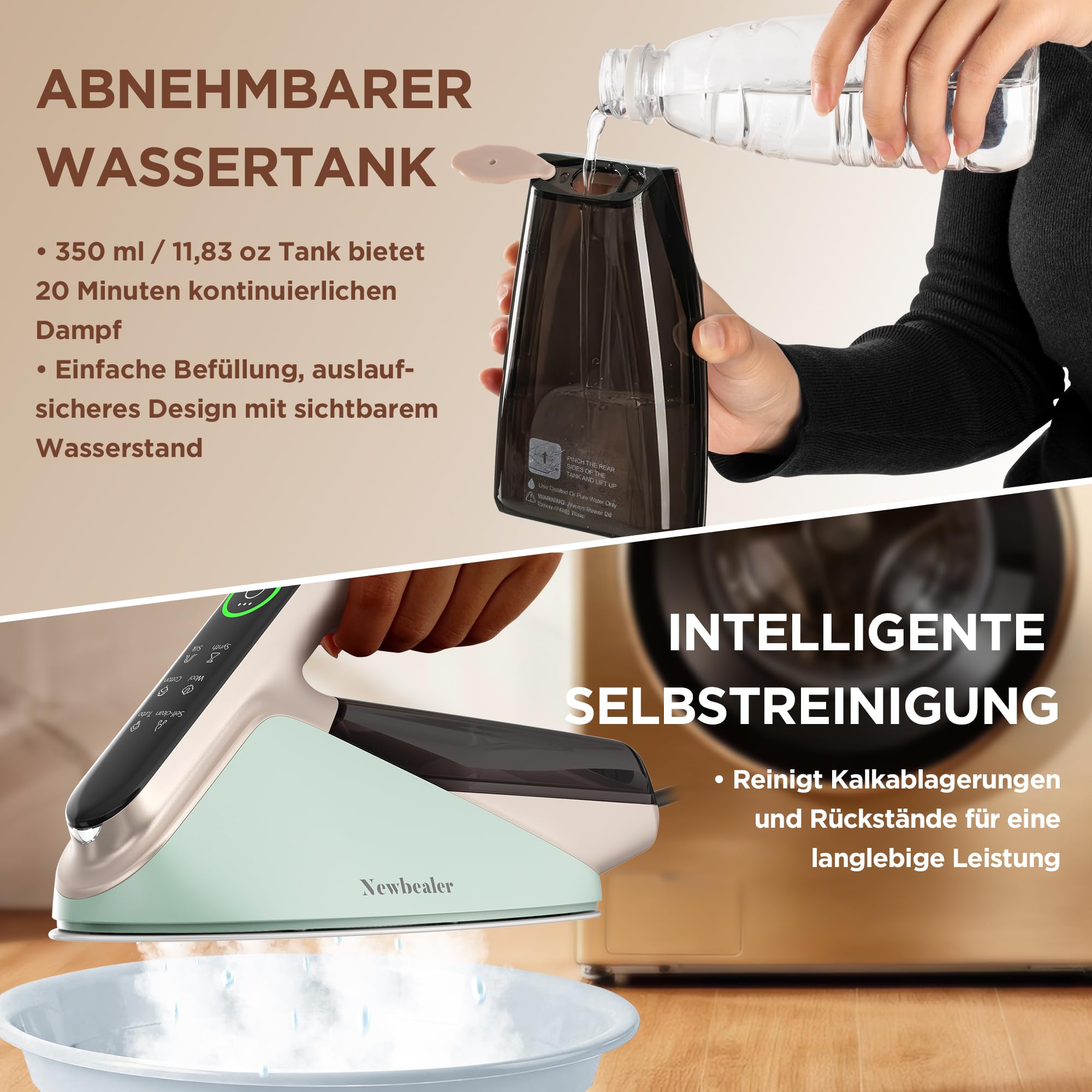 Newbealer Dampfbügeleisen 2400W Turbo - 350 ml abnehmbarer Wassertank, max. 32 g/min Dauerdampf, 200 g Dampfstoß, 4 Dampfstufen, Automatische Abschaltung & Selbstreinigung, Grün