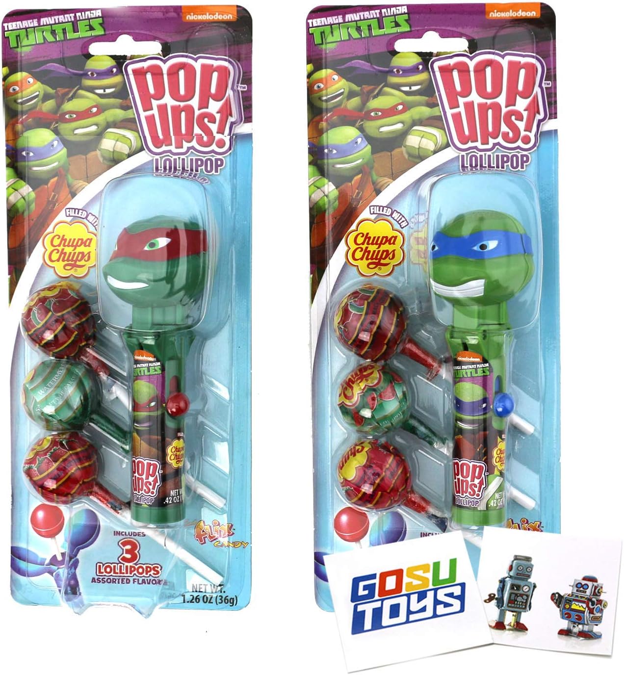 Teenage Mutant Ninja Turtles Pop Ups Lollipop Case Holder (Leonardo, Raphael) with Chupa Chups Lollipops and 2 Gosu Toys Stickers (2 Pack)