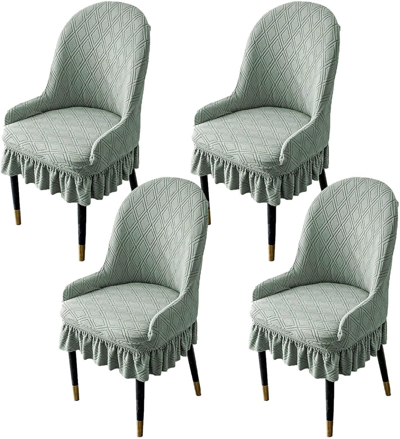 YOPOIY Fundas elásticas para sillas con respaldo curvado con faldón, fundas de silla de comedor de jacquard, fundas extraíbles lavables para decoración (verde oscuro, 4 piezas)