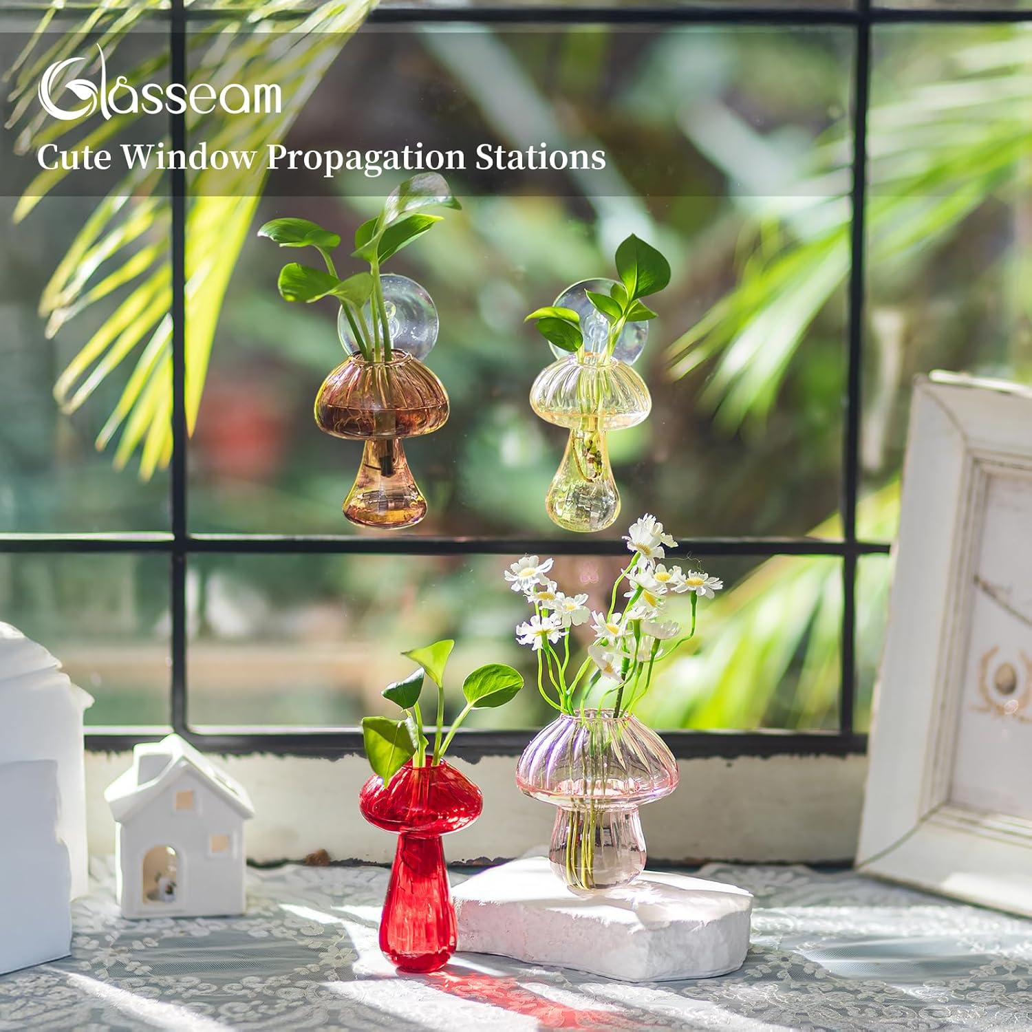 Glasseam Window Propagation Stations, 4Pcs Colored Mushroom Propagation Vases with Suckion Cups, Glass Wall Hanging Planter Terrariums for Flowers, Cute Indoor Small Plant Holder Gifts for Women