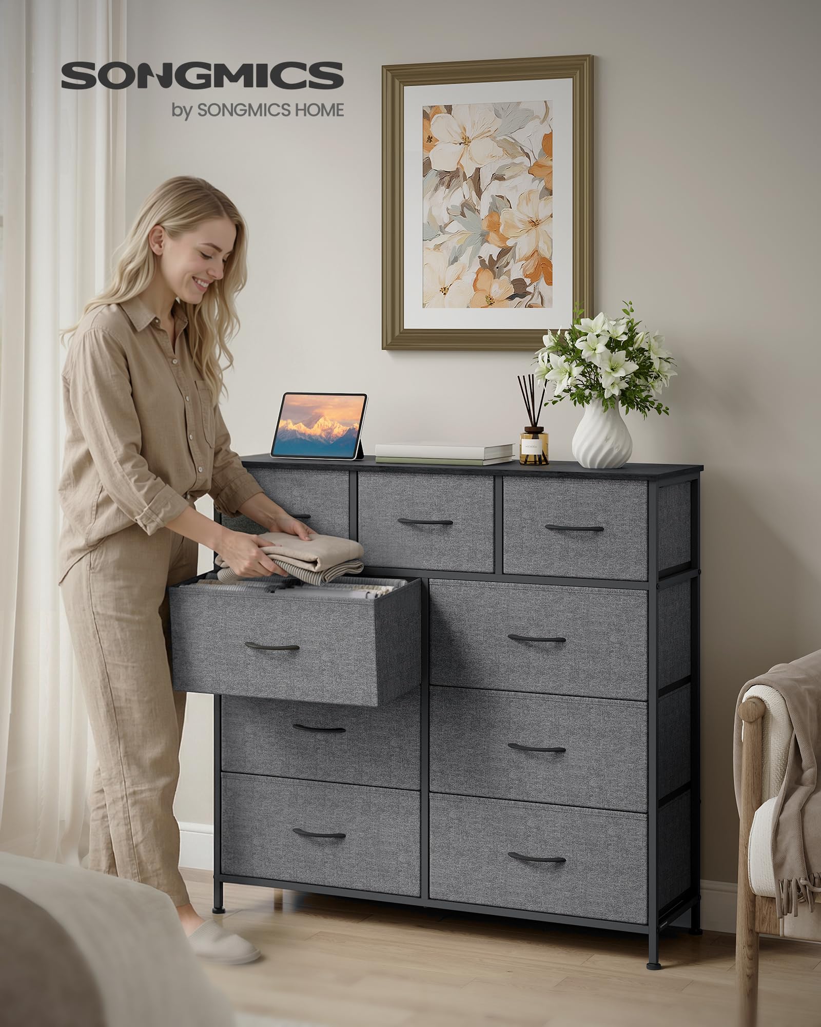 SONGMICS BELLAH Collezione - Cassettiera, Armadietto, Mobile contenitore in Acciaio, per Camera da Letto, ingresso o Soggiorno, 9 Cassetti, Stile Moderno, Grigio Ardesia, LGS324G101