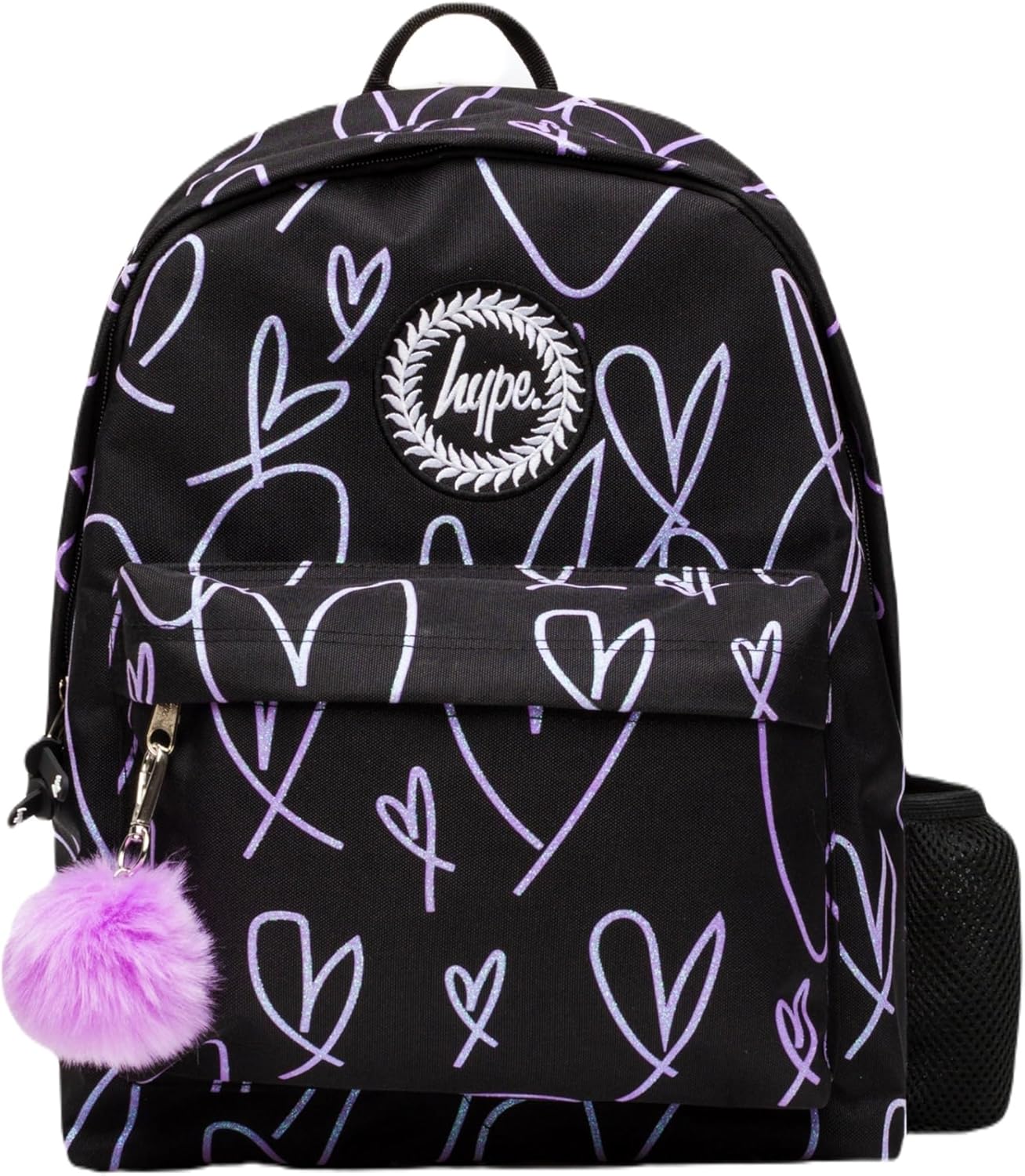 hype Girls Backpack, Black with Purple Iconic Glitter Scribble Hearts, School Bag for Kids, Comfortable Rucksack with Bottle Holder, 3 Storage Compartments, Padded, Adjustable Straps &amp; Grab Handle