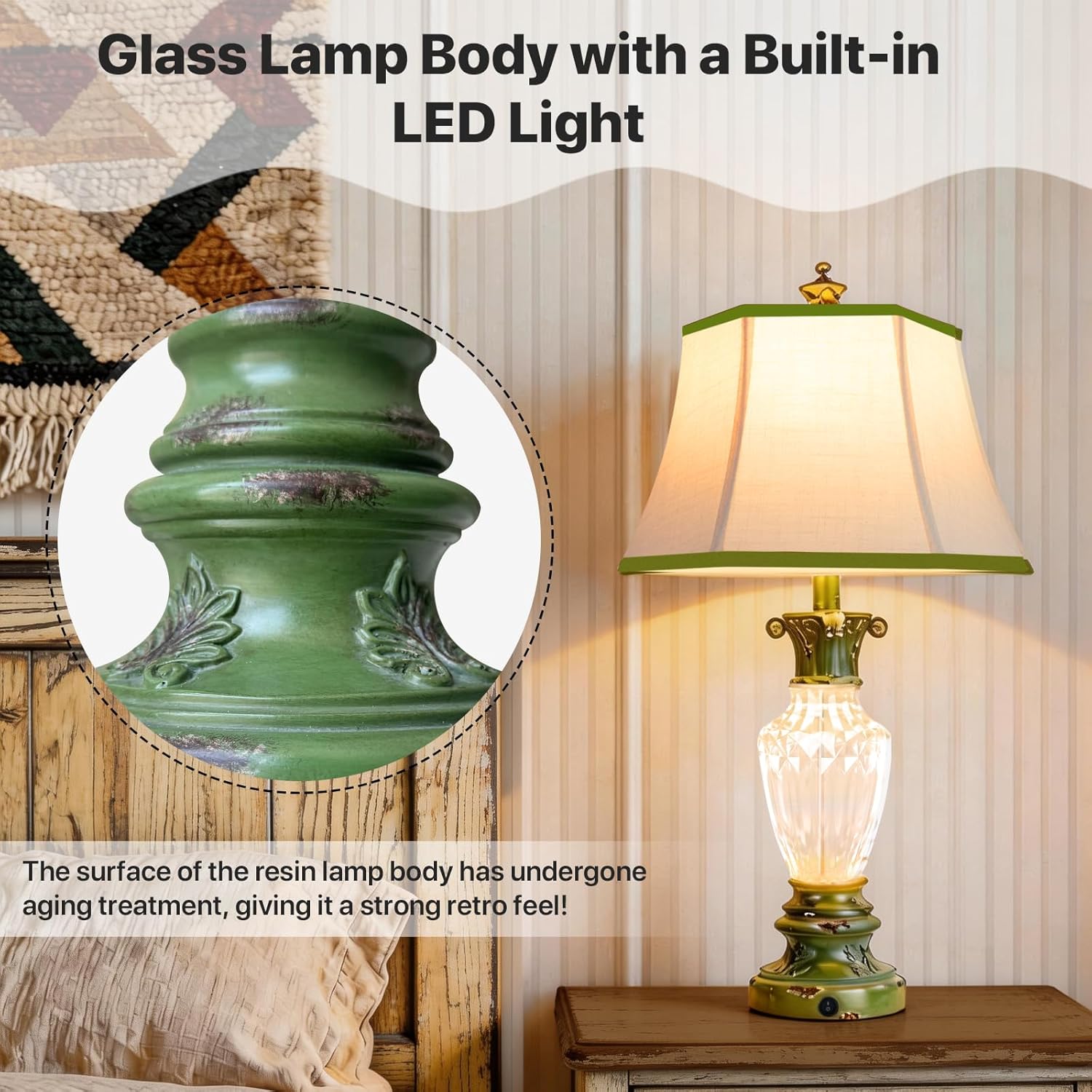 vallerico 28.5" Vintage Table Lamps Set of 2 with USB Ports, Resin Green Farmhouse Nightstand Beside Lamps for Living Room Bedroom, 3-Color Temperatures with Nightlight, Bulbs Included
