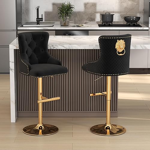 Miniatura 97 de ABET Juego de 2 taburetes de bar, taburetes de altura de mostrador con reposapiés, silla giratoria ajustable de terciopelo para isla de cocina con