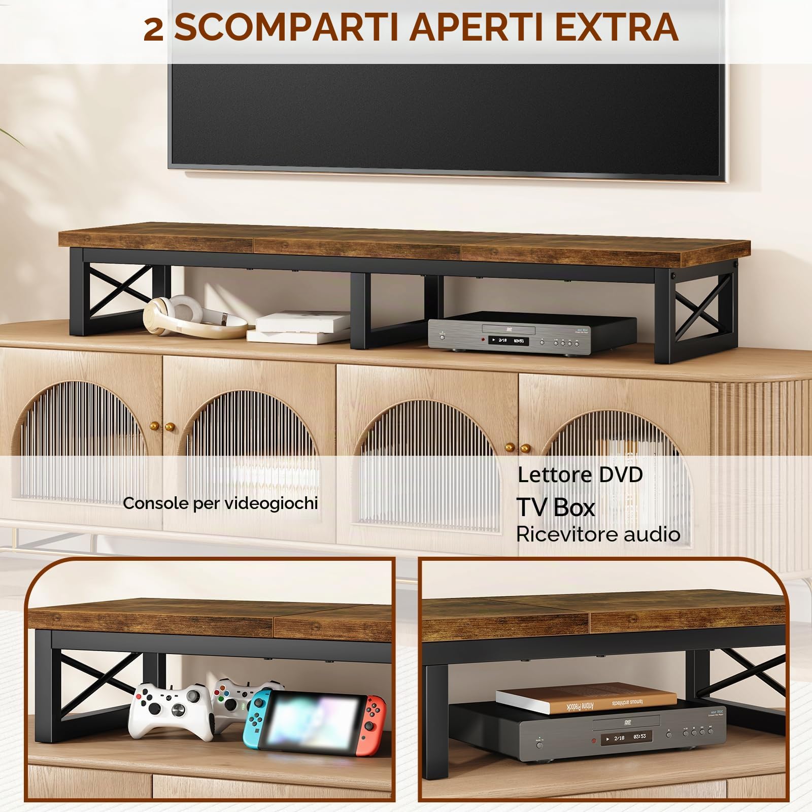 IBUYKE Mobile TV da 32-60 inch TV, Mobiletto Basso per TV a 2 Ripiani,scrivania per ufficio a doppio schermo,Mobile TV per Soggiorno e Camera da Letto,Marrone rustico TVT002H