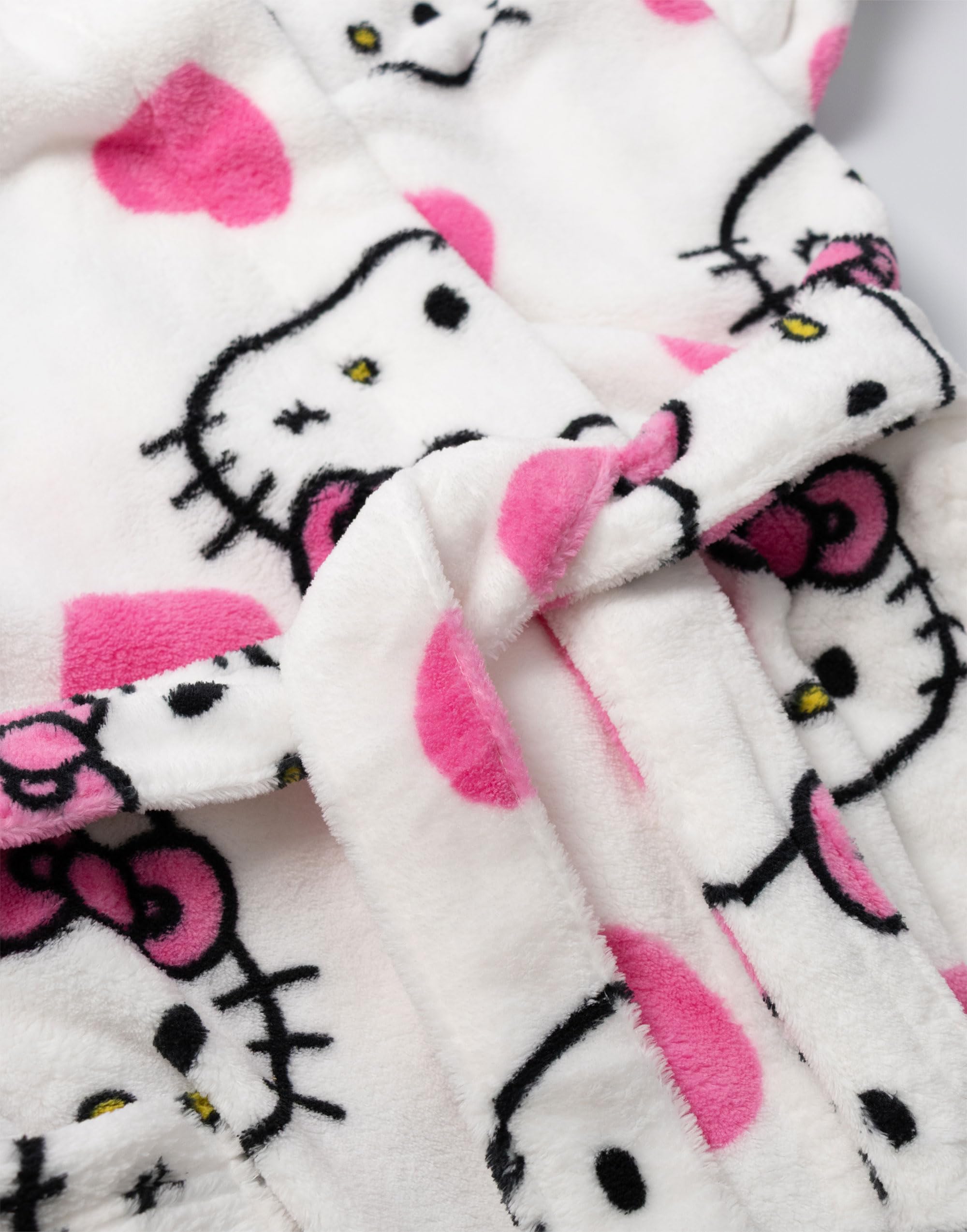 Hello Kitty Peignoir à capuche blanc pour femme | Tenue d'intérieur douillette en polaire avec touches roses et manches longues | Motif personnage de dessin animé