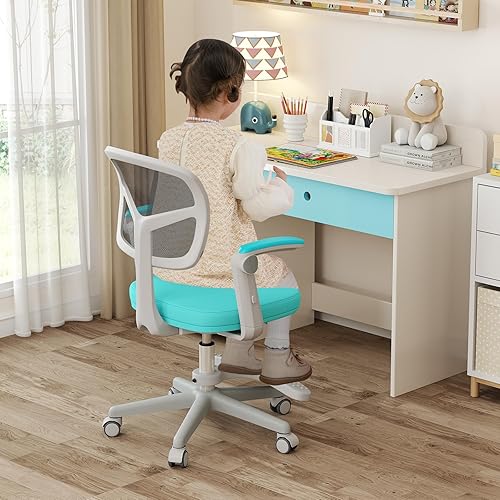 Miniatura 2 de HONEY JOY Silla de escritorio para niños, silla de estudio para niños con altura ajustable, reposabrazosreposapiés, silla giratoria de malla