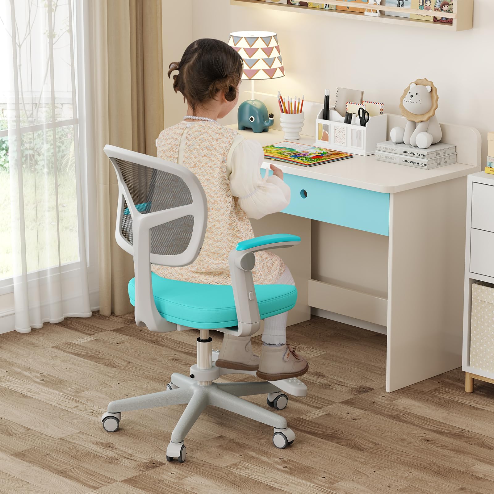 COSTWAY Chaise Bureau Enfant Pivotante avec Hauteur Réglable, Fauteuil Bureau Enfant avec Accoudoirs & Repose-Pieds Réglables, Dossier Ergonomique, Coussin Amovible, Charge 150 kg，3-15 Ans (Vert)