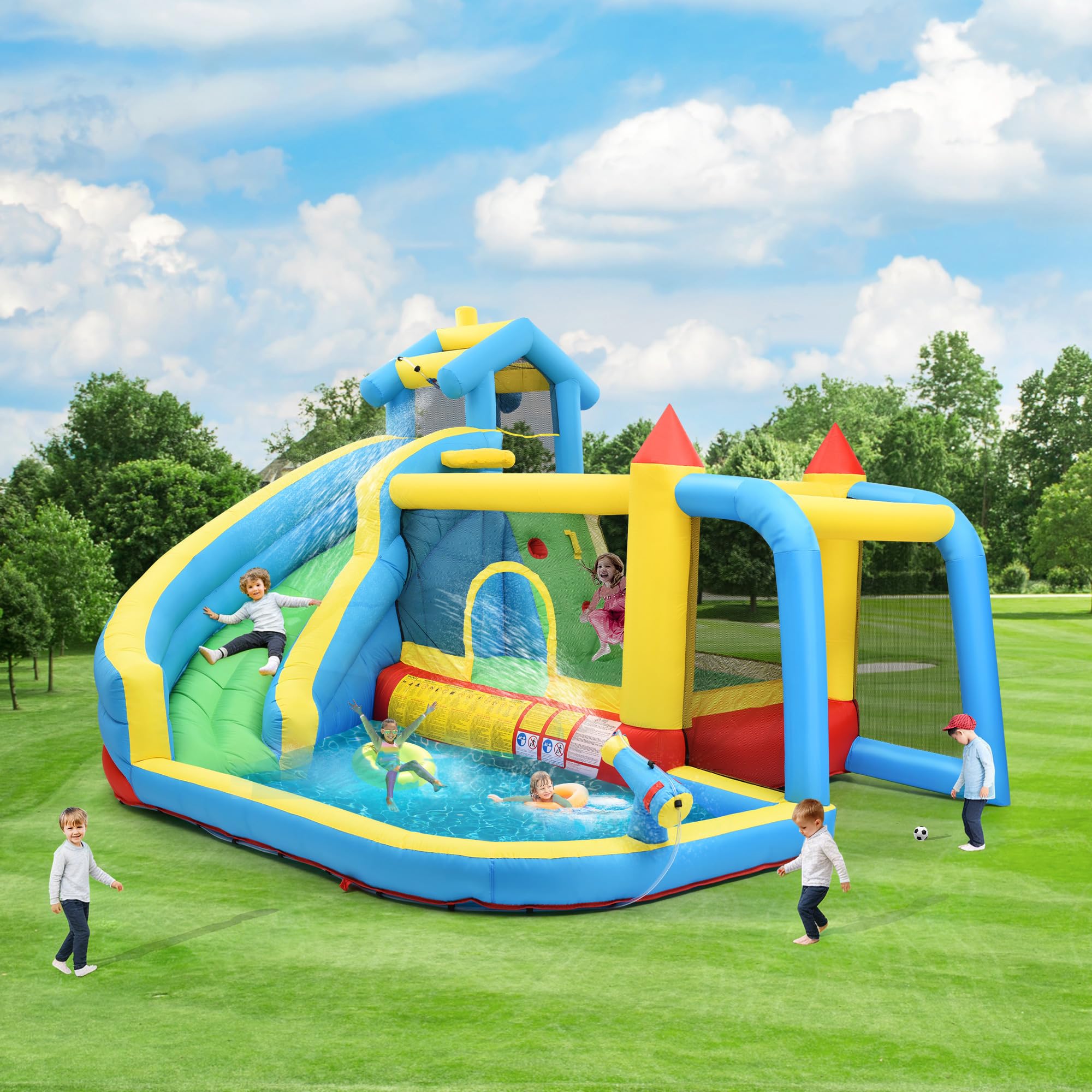 Bouncy Castle para niños 5 en 1 con ventilador, parque acuático inflable con tobogán, plataforma de salto, piscina y red de fútbol, castillo hinchable al aire libre para jardín, tela Oxford