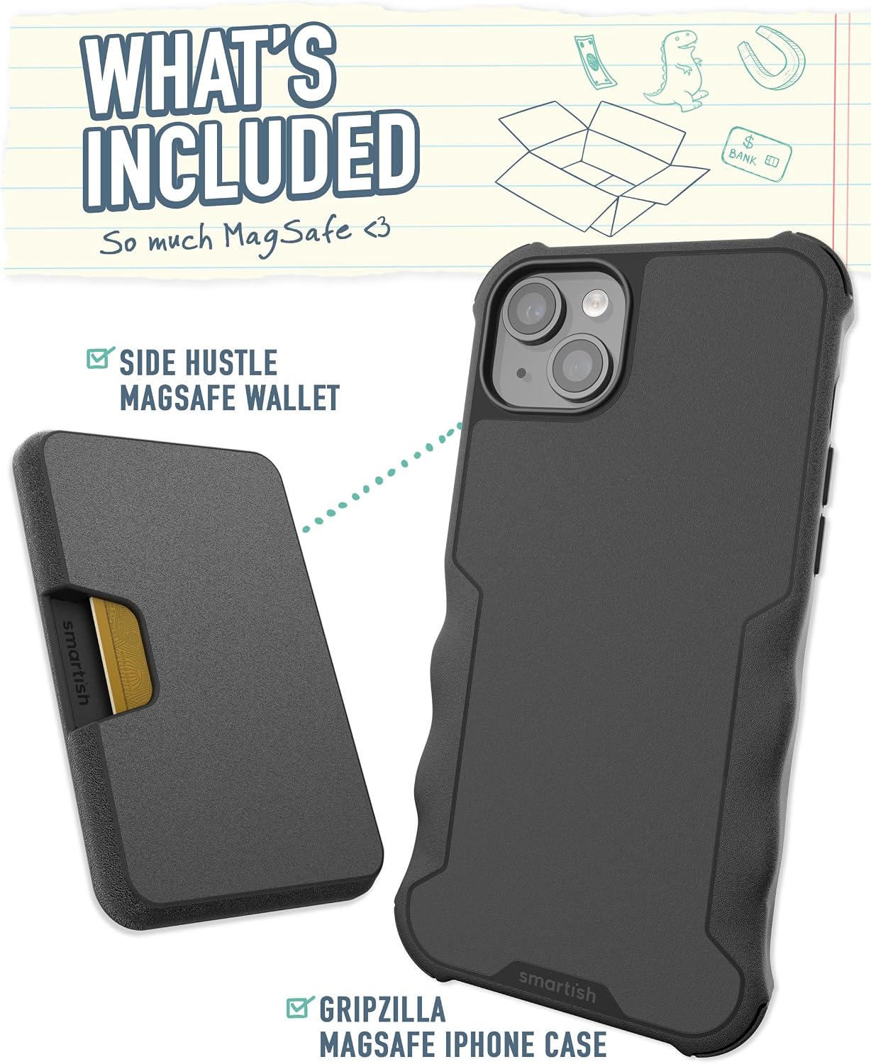 Smartish® iPhone 15 Plus Protective Case with Wallet for MagSafe iPhones - Gripzilla - Magsafe Compatible Heavy Duty Armor Grip Cover + Detachable Magnetic Credit Card Holder - Black Tie Affair