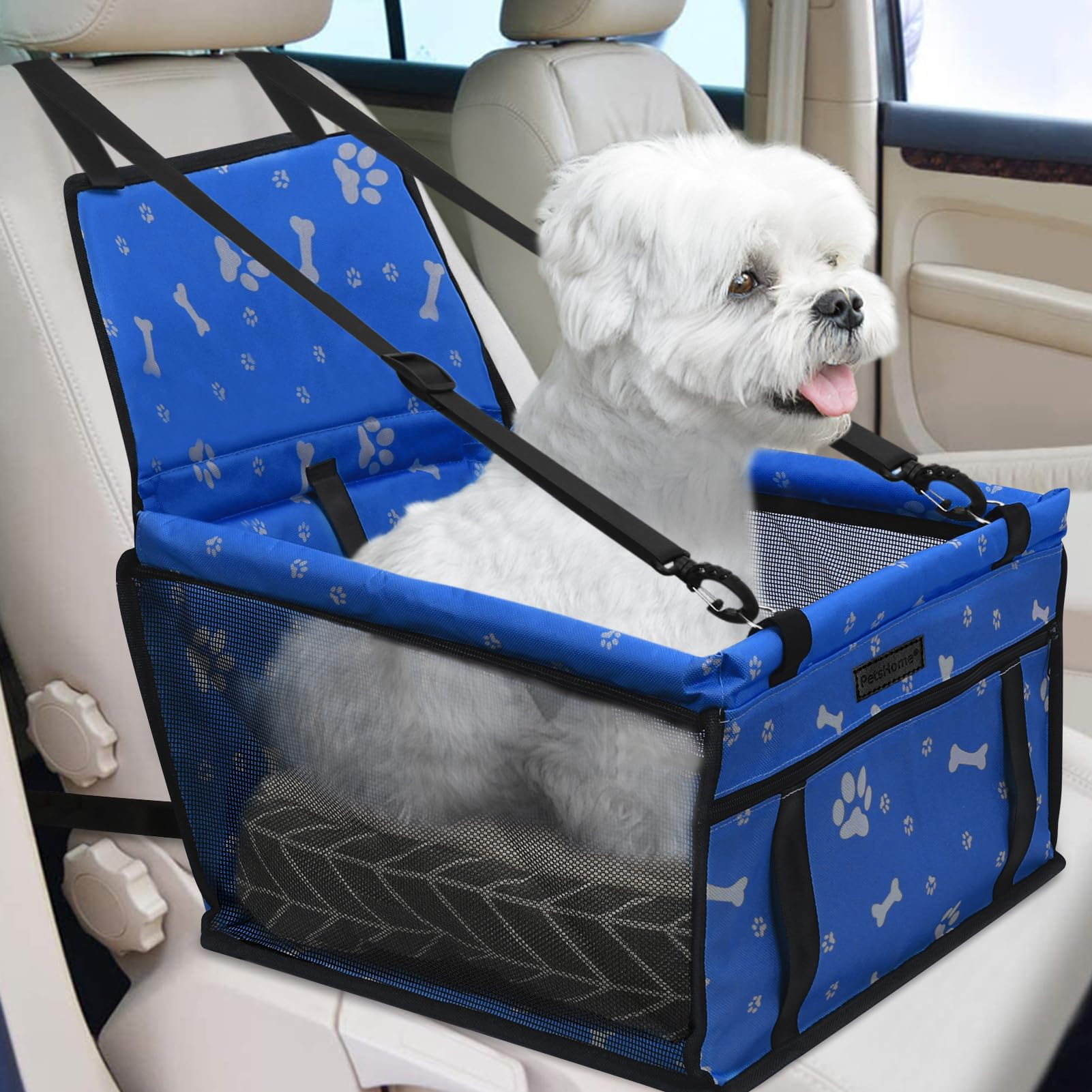 Dog Car Seat Foldable Dog Car Booster Seat Waterproof Breathable Oxford Travel Bag for Small to Medium Dogs, Puppies, and Pets-Pattern Blue+Mat
