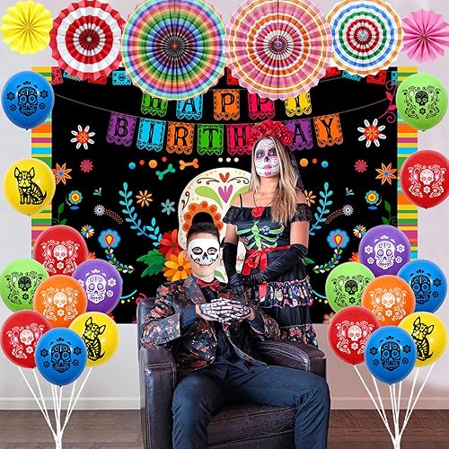 Miniatura 5 de Decoraciones de cumpleaños del Día de los Muertos, globos del Día de los Muertos, telón de fondo de calavera de azúcar, mantel para cupcakes,