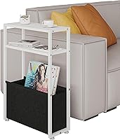 Vista 6 de Narrow Side Table, Slim End Tables with Fabric Basket, Skinny Table for Small Spaces, Thin Bedside Table for Living Room, Bedroom, White, ZBZ01