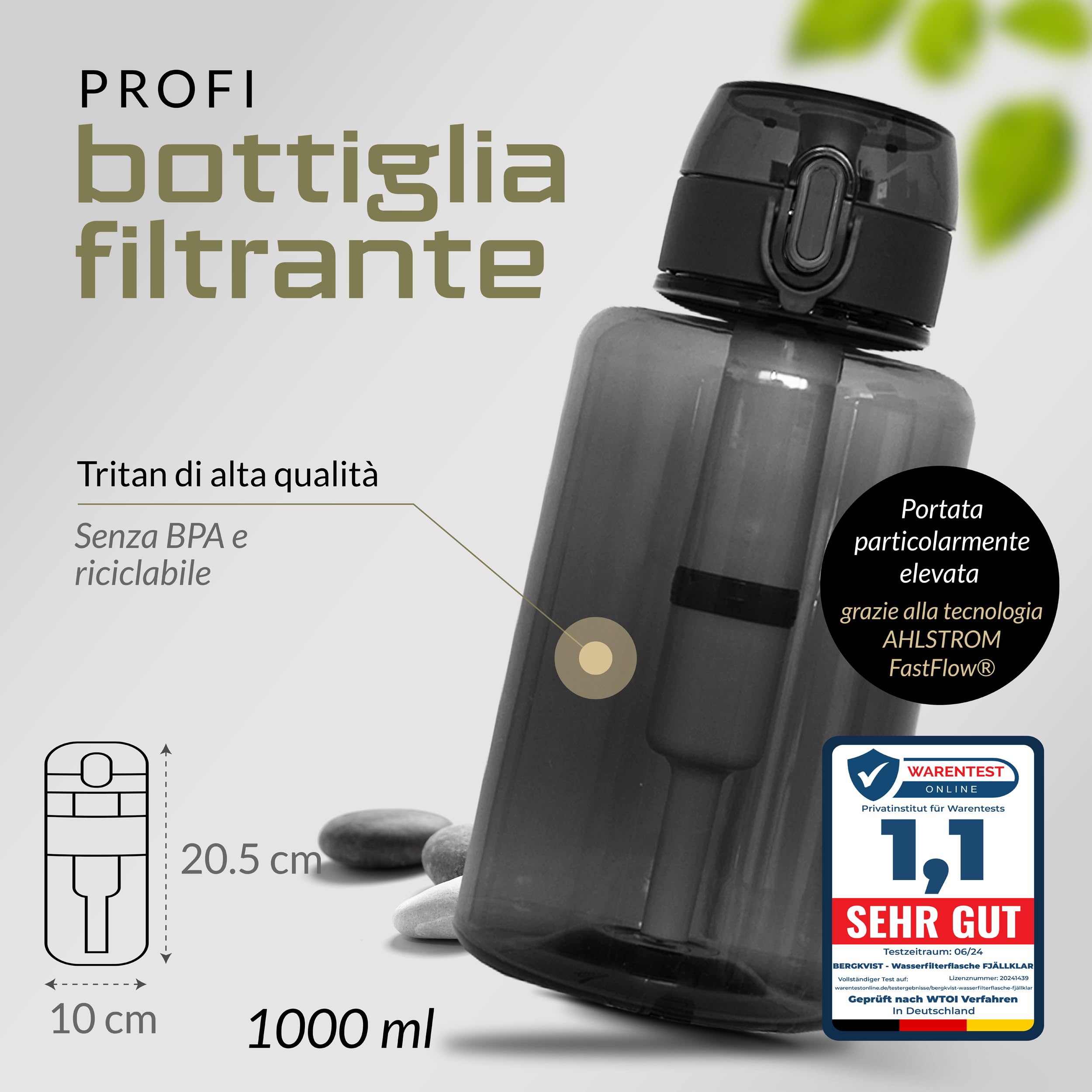 BERGKVIST® Bottiglia con filtro per acqua da esterno FJÄLLKLAR, 1l, nero | Borraccia da 1 litro con filtro di AHLSTROM® per acqua potabile pulita per campeggio, escursioni e sopravvivenza
