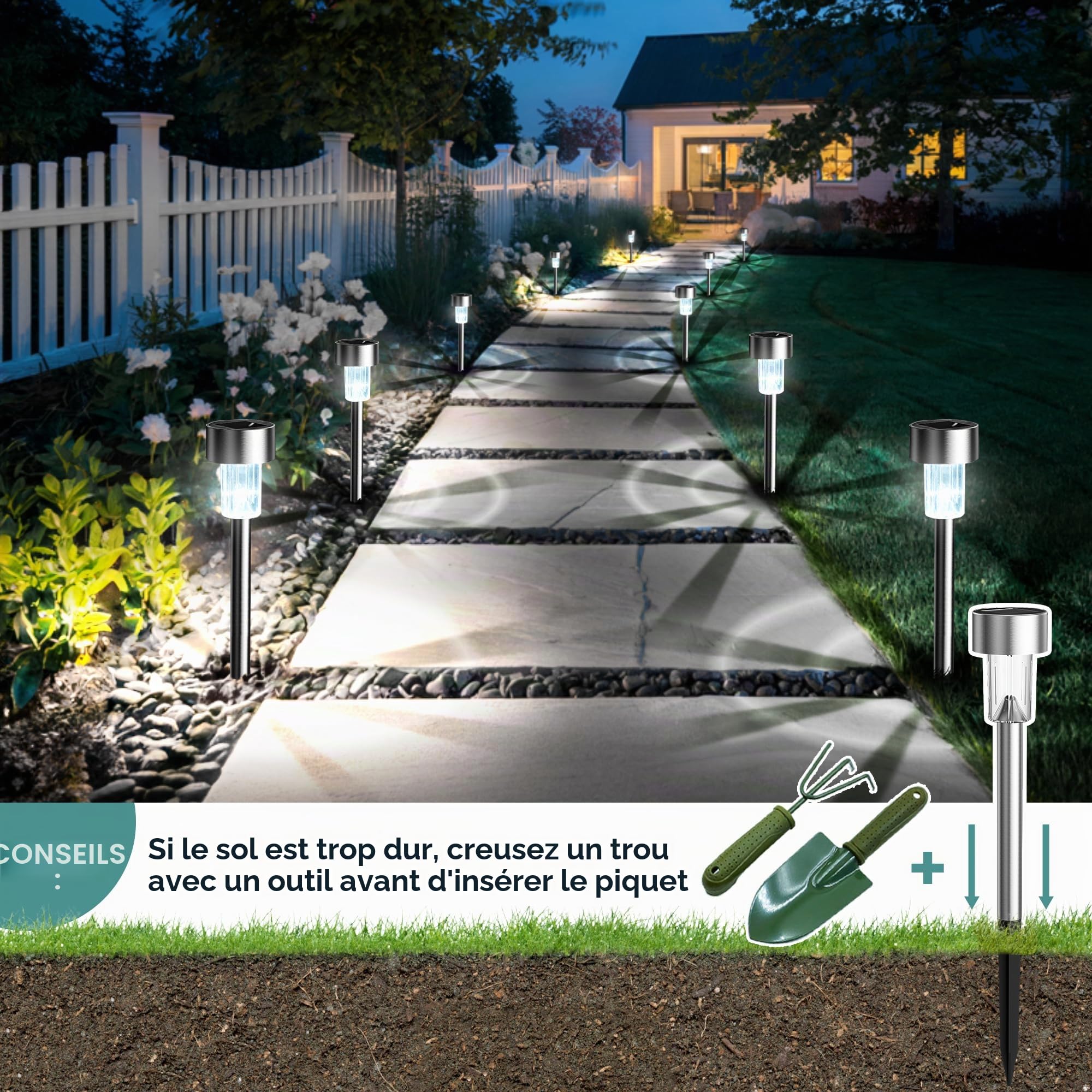 GIGALUMI Lampe Solaire Extérieur, Lampe Solaire Extérieur Jardin,Étanche Lumière Solaire Extérieur pour Terrasse, Pelouse, Jardin, Allée, Chemins, Acier Inoxydable,Lot de 12,Blanc